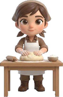 A baker in a headscarf and apron shaping a boule on a wooden table