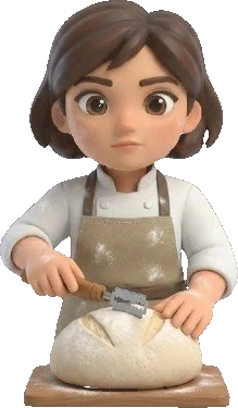 A baker in an apron slashing a scored loaf with a lame