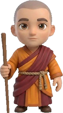 A serene cartoon monk in saffron and crimson robes, holding a wooden staff
