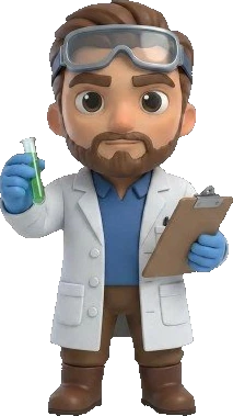 Mr Crumbs, a friendly cartoon scientist holding a green test tube and a clipboard