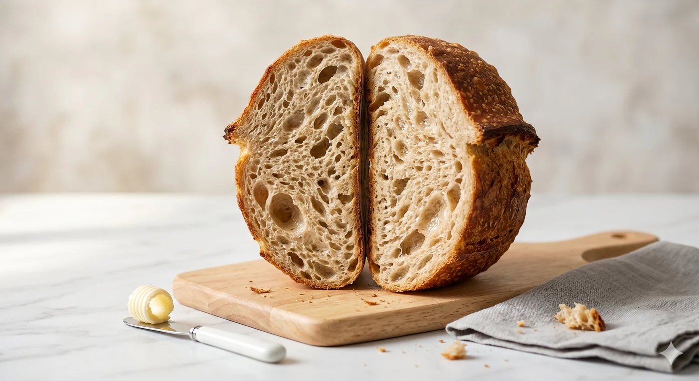 A sourdough loaf sliced in half on a wooden board, revealing an open glossy crumb, with a curl of butter beside it