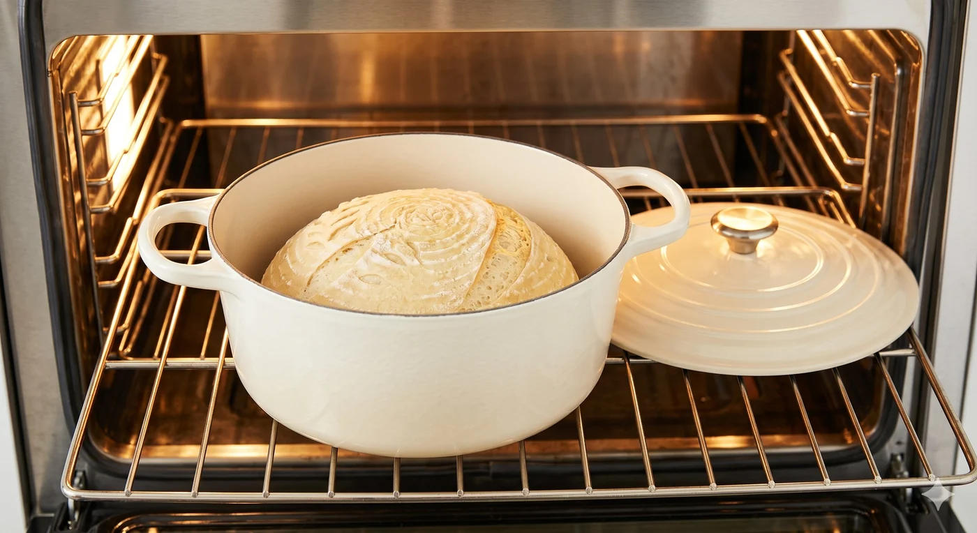 A pale ivory Dutch oven with its lid removed, holding a risen sourdough loaf inside a professional oven