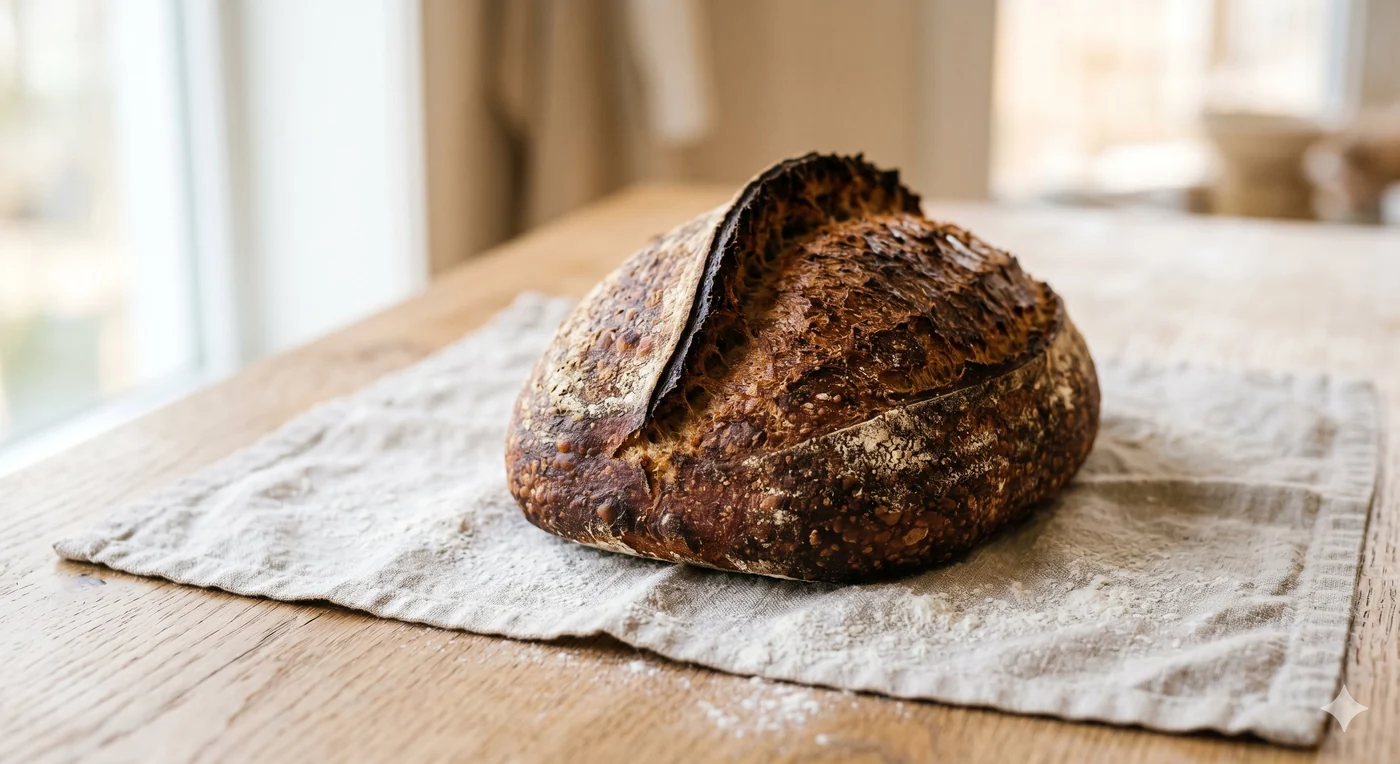 A finished oval sourdough loaf with a deep mahogany crust and a tall curved ear, resting on a linen cloth dusted with flour