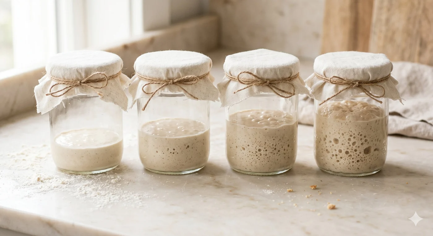 Four glass jars of sourdough starter side by side, progressing from flat to fully bubbled and risen