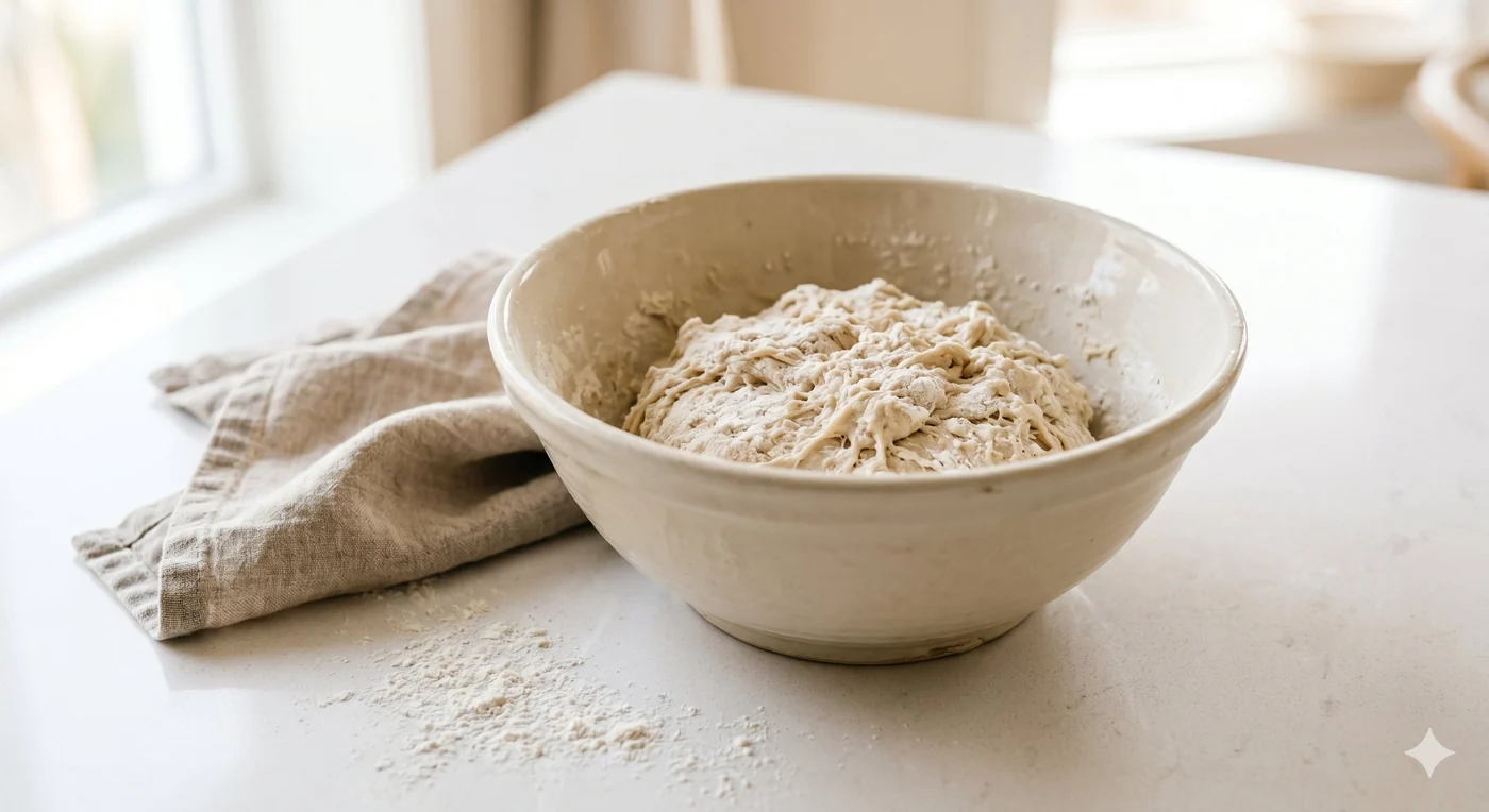 A ceramic bowl holding a rough, shaggy ball of freshly mixed sourdough dough, dusted with flour