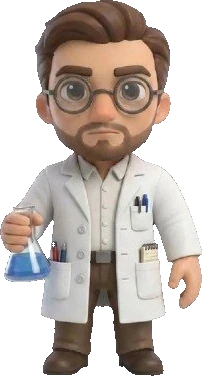A cartoon scientist in round glasses holding a flask of blue liquid