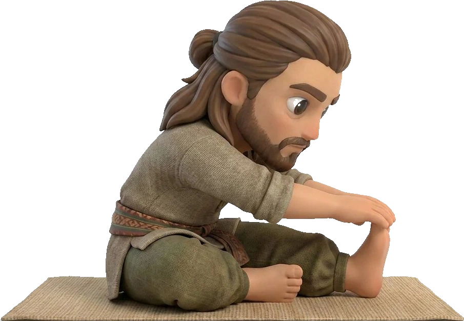 A calm cartoon man in linen seated on a mat, folding forward into a deep stretch